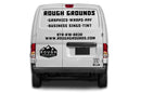 Back of a van with 'Rough Grounds' branding and contact information.