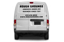 Back of a white van with 'Rough Grounds' business advertisement on a white background