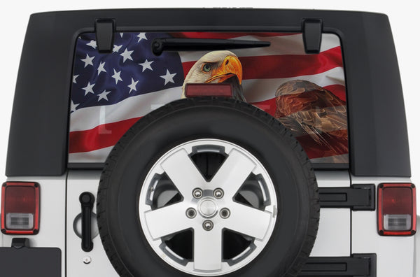 American flag eagle perforated rear window decal graphics for Jeep Wrangler JK