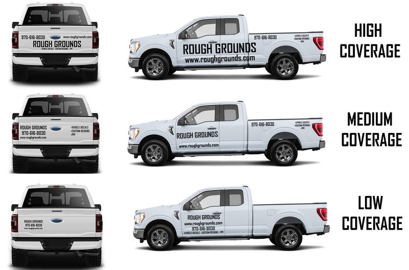 Custom business truck signs and vinyl lettering decals for extended cab pickup trucks