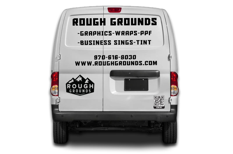 Back of a van with 'Rough Grounds' branding and contact information.