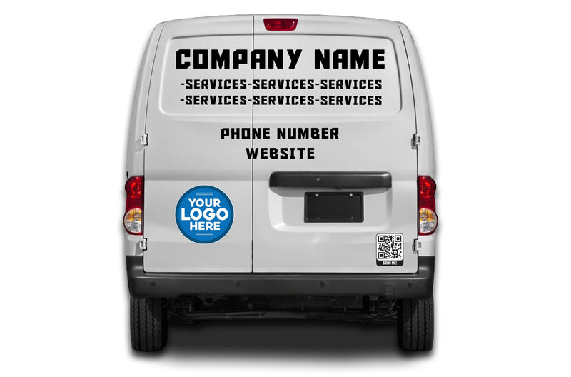 Van with customizable text and logo space on a white background