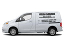 White van with branding text on a white background