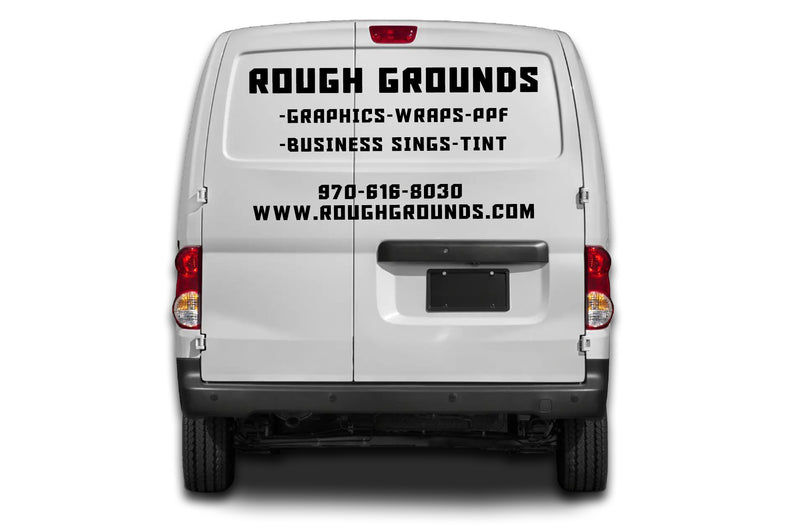 Back of a white van with 'Rough Grounds' business advertisement on a white background