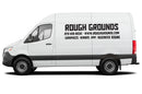 White van with 'Rough Grounds' branding and contact information on a white background