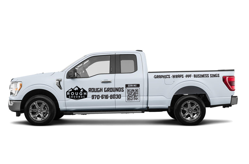 Custom business logo, QR code & vinyl lettering decals for extended cab pickup trucks