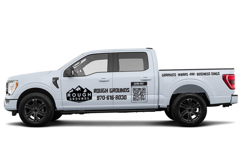 Custom business logo, QR code & vinyl lettering for crew cab pickups