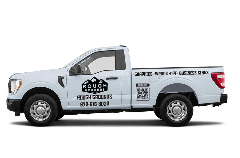 Custom business logo, QR code & vinyl lettering decals for regular cab pickup trucks