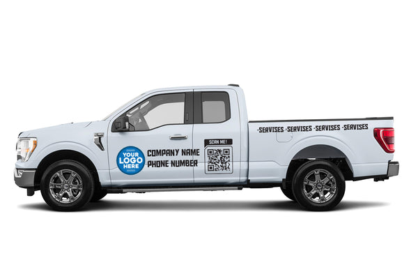 Custom business logo, QR code & vinyl lettering decals for extended cab pickup trucks