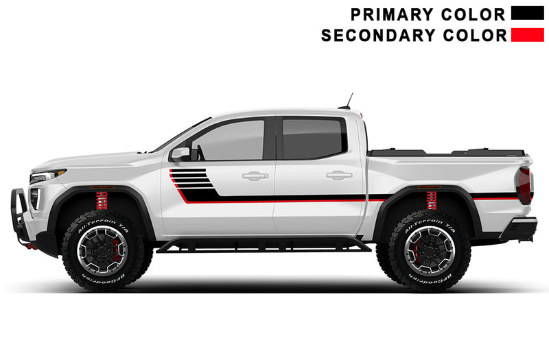 Retro-style double hash stripes side graphics decals for GMC Canyon