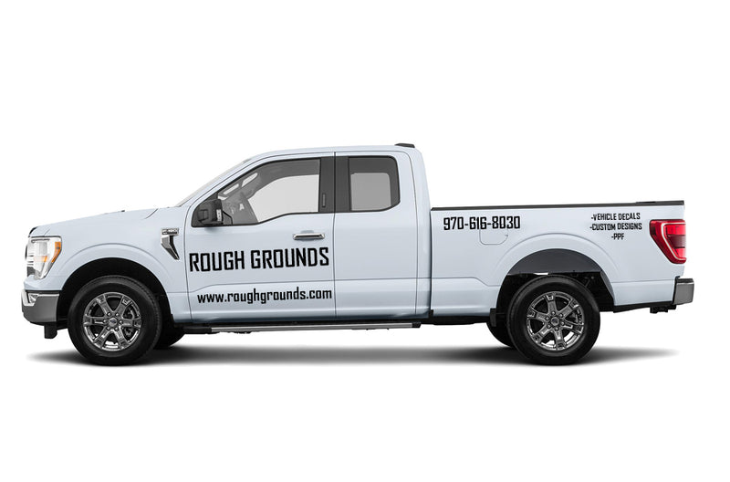 Custom business truck signs and vinyl lettering decals for extended cab pickup trucks