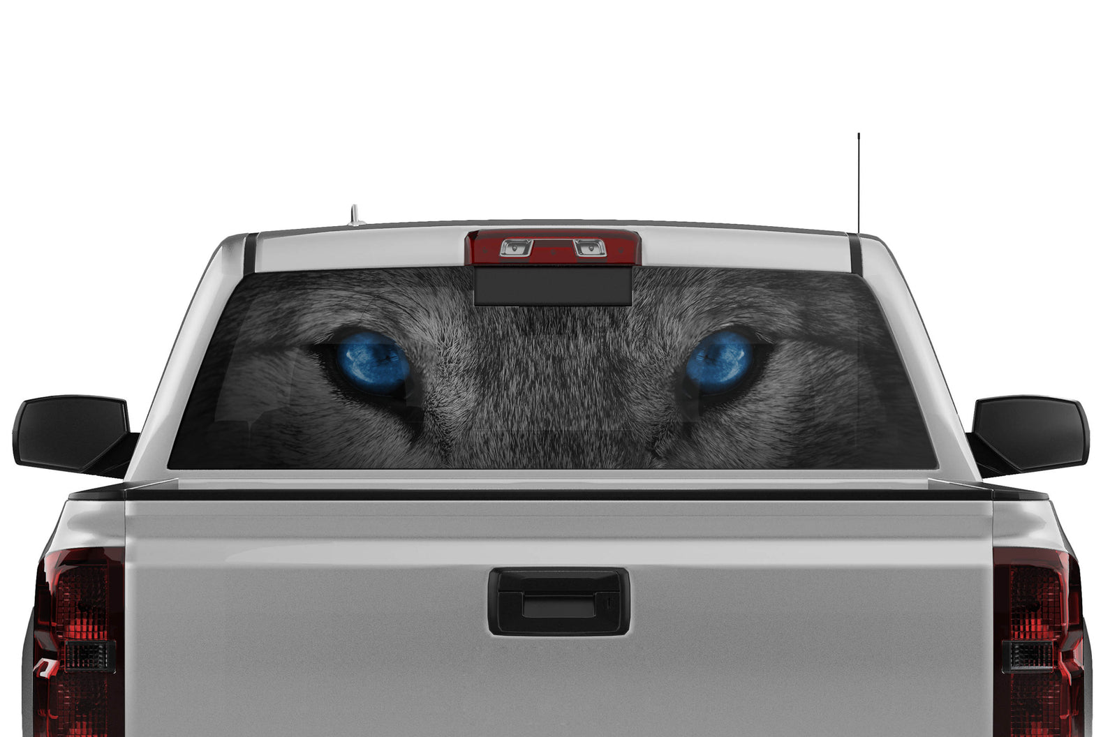 Chevy Rear Window Decal Wolf blue eyes perforated decal for Chevrolet Silverado 2014-2018